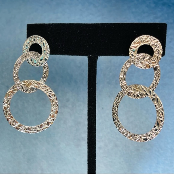 Bling Alert!  Textured Sterling Three Ring Earrings - Picture 5 of 9